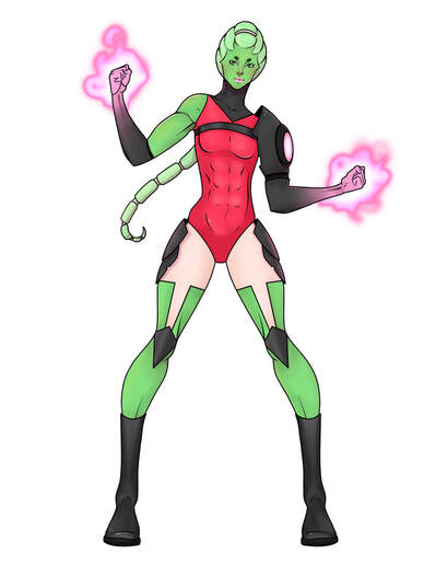 A humanoid alien with green skin and energy extending from her hands