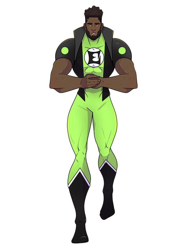 A muscular man in a superhero costume standing with hands clasped