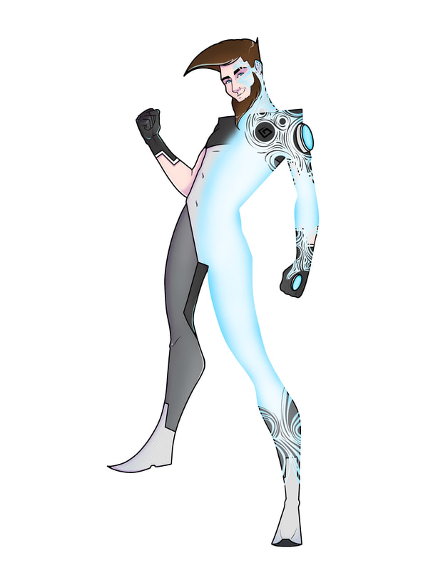 A bearded man in a bodysuit partially disappearing